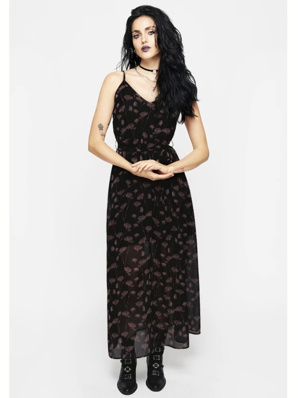 NWT Disturbia Judas Maxi Dress with Waist Tie Dress Black Floral Size 8 US